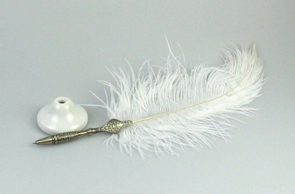 White Quill Feather Ballpoint Pen Set With Ceramic Pen Stand