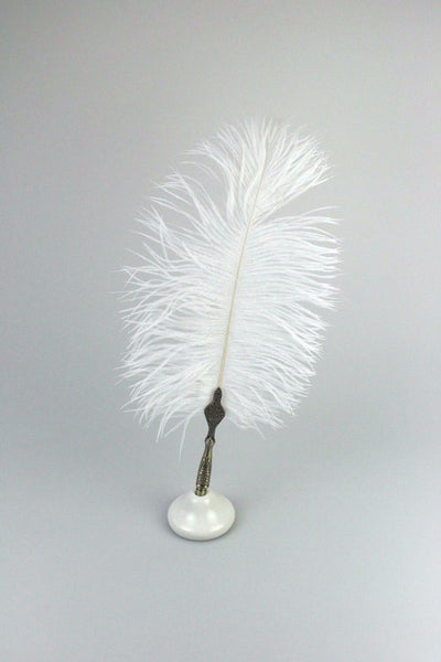 n/a White Quill Feather Ballpoint Pen Set With Ceramic Pen Stand freeshipping - RiNo Distribution