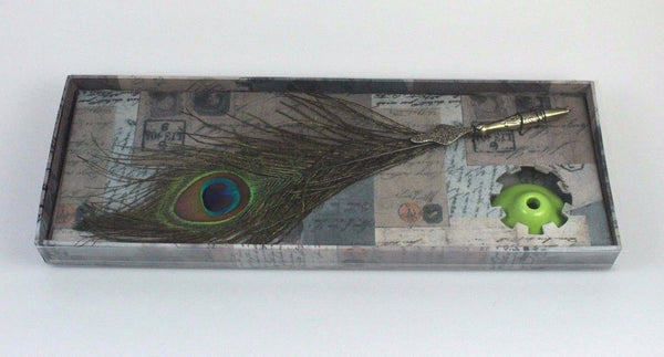 n/a Peacock Quill Feather Ballpoint Pen Set With Ceramic Pen Stand freeshipping - RiNo Distribution