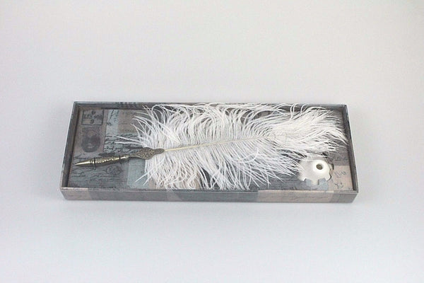 n/a White Quill Feather Ballpoint Pen Set With Ceramic Pen Stand freeshipping - RiNo Distribution