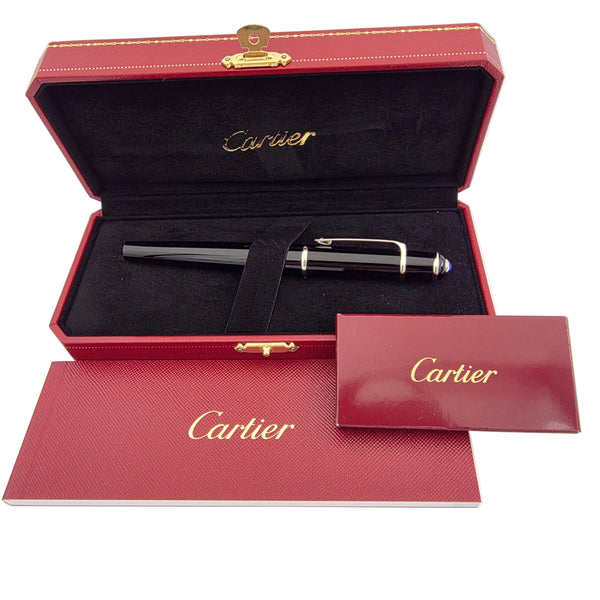 Cartier Diabolo Fountain Pen Black Platinum Silver Trim 18k Gold Medium Nib Box