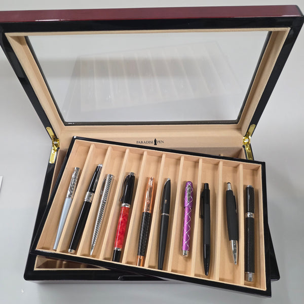 Paradise Pen Teak Wood 20-Pen Display Case Chest - 2-Tier Suede Lined Box