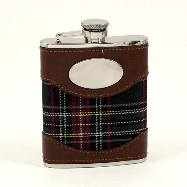 Bey-Berk Model FS756 Stainless Steel Brown Leather & Blue Plaid Fabric Steel Fla
