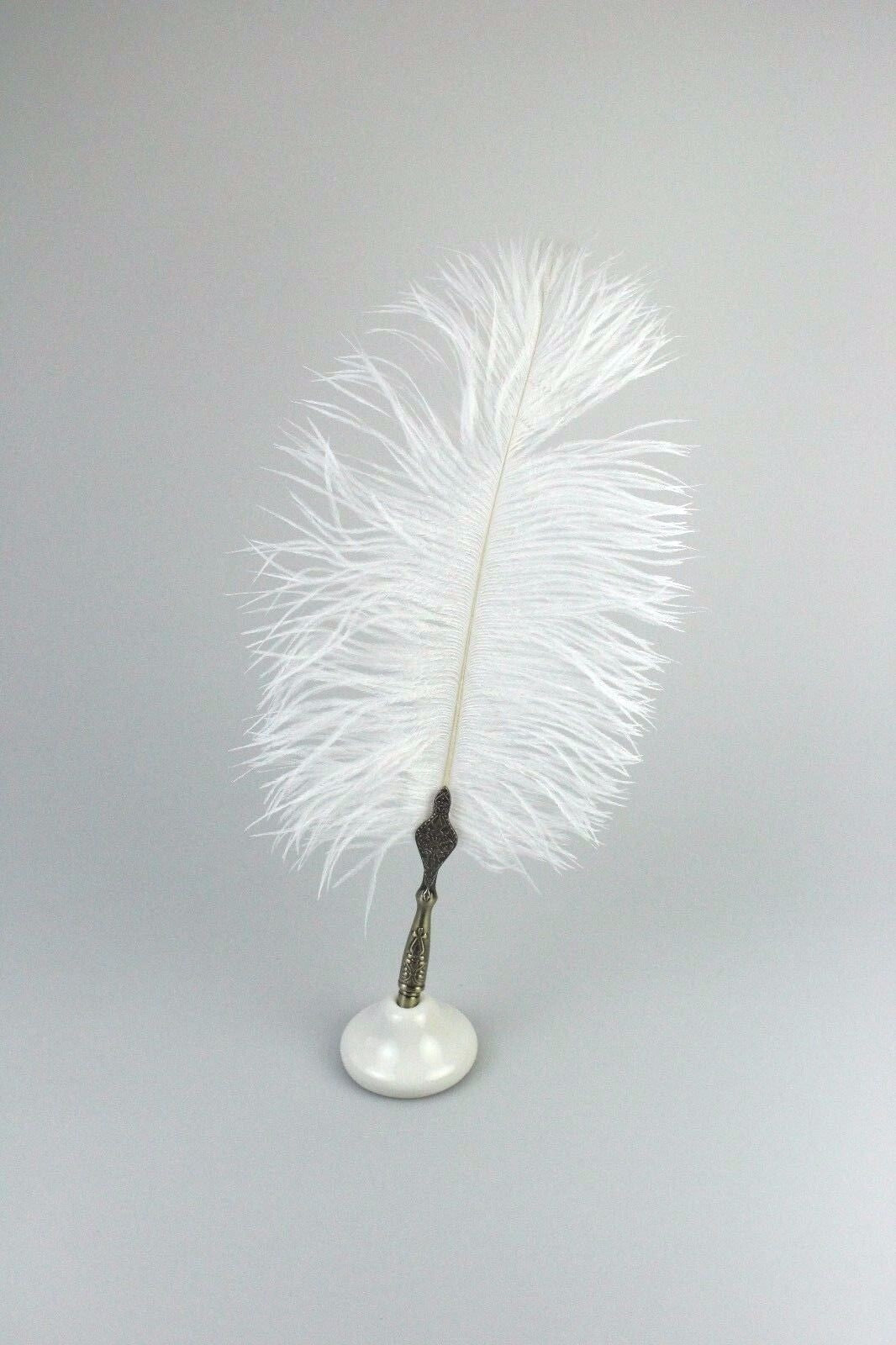 White Quill Feather Ballpoint Pen Set With Ceramic Pen Stand