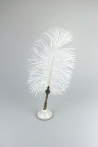 White Quill Feather Ballpoint Pen Set With Ceramic Pen Stand