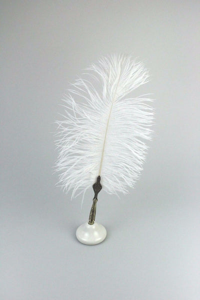 White Quill Feather Ballpoint Pen Set With Ceramic Pen Stand