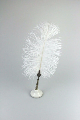 White Quill Feather Ballpoint Pen Set With Ceramic Pen Stand