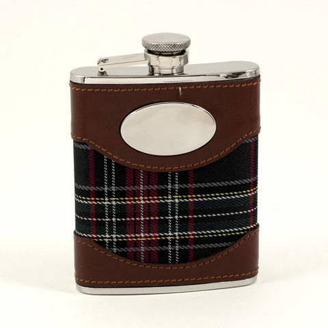 Bey-Berk Model FS756 Stainless Steel Brown Leather & Blue Plaid Fabric Steel Fla