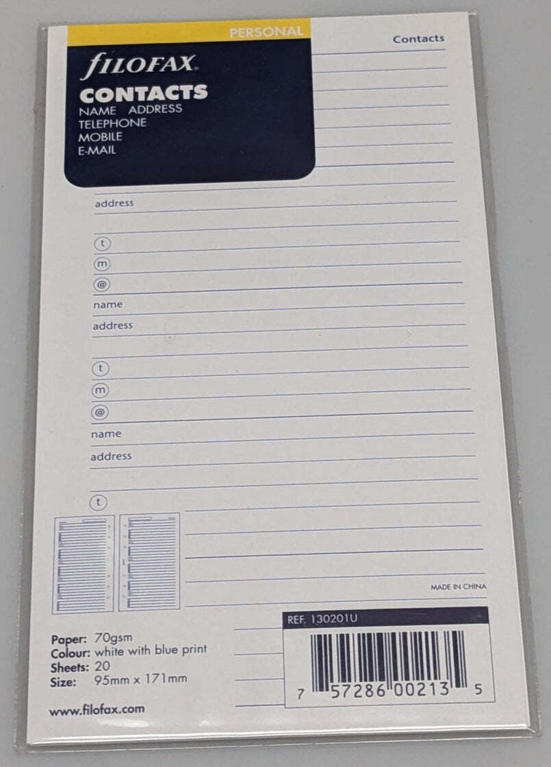Filofax Personal Contacts Insert, Name, Address, Telephone, Mobile, Email #13020