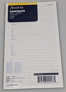 Filofax Personal Contacts Insert, Name, Address, Telephone, Mobile, Email #13020