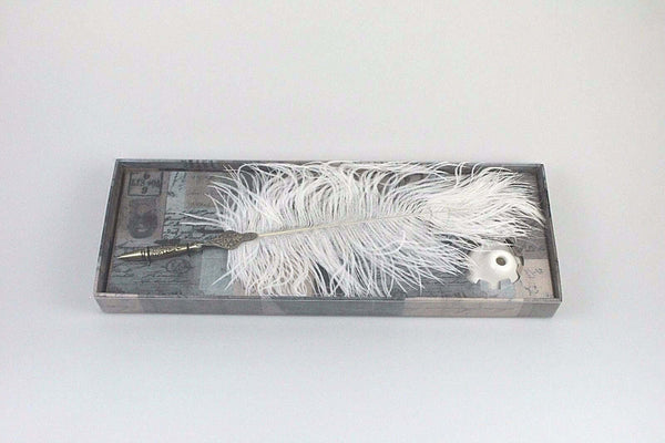 White Quill Feather Ballpoint Pen Set With Ceramic Pen Stand