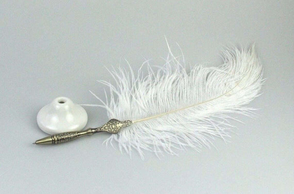White Quill Feather Ballpoint Pen Set With Ceramic Pen Stand