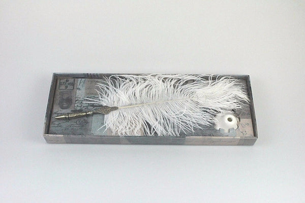 White Quill Feather Ballpoint Pen Set With Ceramic Pen Stand