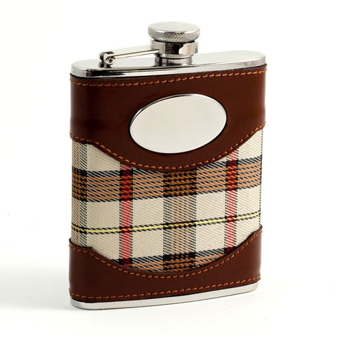 Bey-Berk Model FS746 Stainless Steel Brown Leather & Beige Plaid Fabric Steel Fl