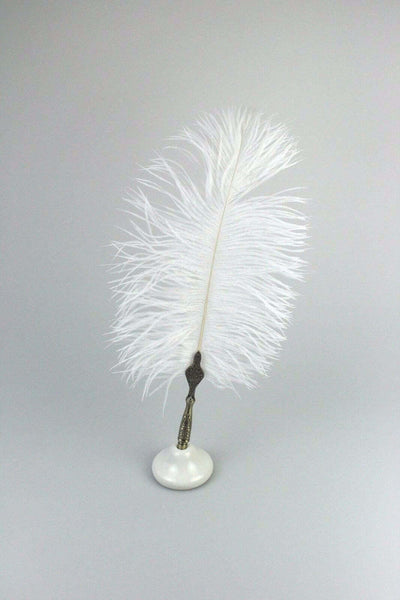 White Quill Feather Ballpoint Pen Set With Ceramic Pen Stand