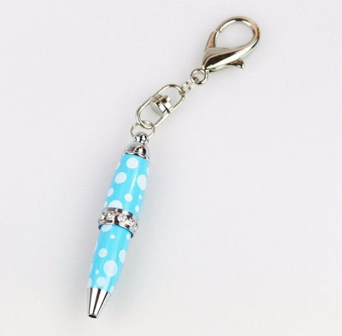 Padrino Pixie Blue Polka Dot Print Crystal Keychain Carabiner Ballpoint Pen