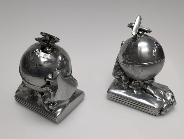 Flight Around the World Silver Bookends by PM Craftsman #300BS