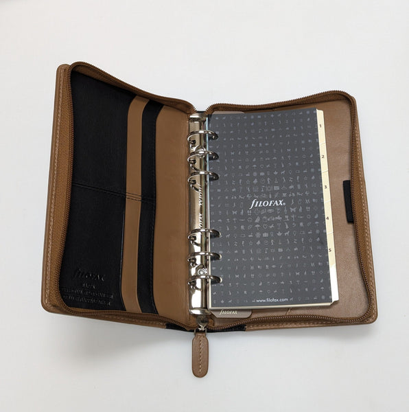 Filofax Taupe/Black Leather Personal Nappa Agenda/Planner zippered #25152