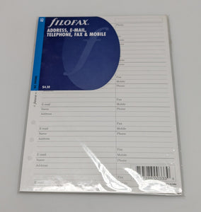 Filofax A5 agenda refill - address, e-mail, telephone, fax, & mobile #340206U