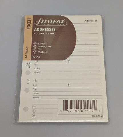 Filofax Pocket Addresses Cotton Cream Refill #210253