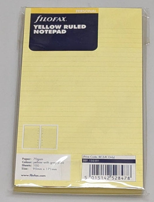 Filofax Personal Yellow Ruled Notepad Refill #132201