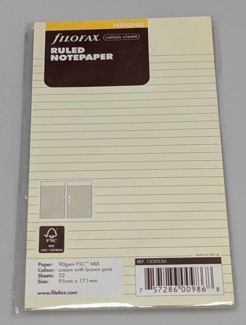 Filofax Personal Cotton Cream Ruled Notepaper Refill #133053