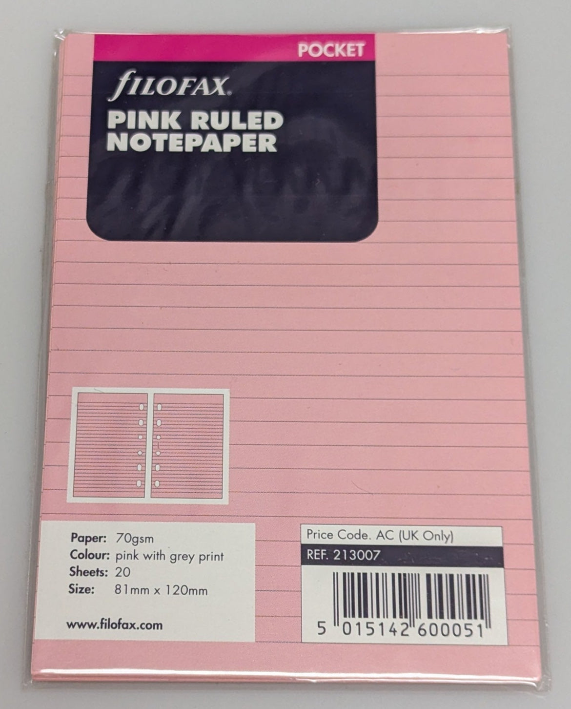 Filofax Pocket Pink Ruled Notepaper refill #213007