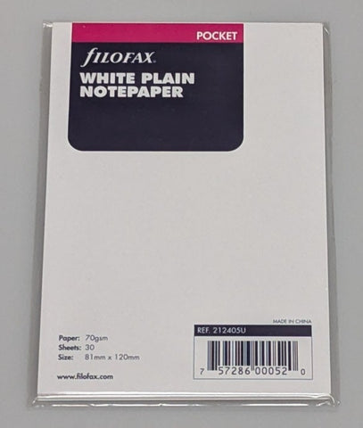 Filofax Pocket White Plain Notepaper refill #212405