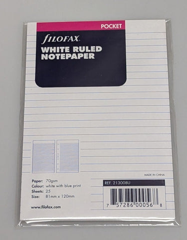 Filofax Pocket White Ruled Notepaper refill #213008