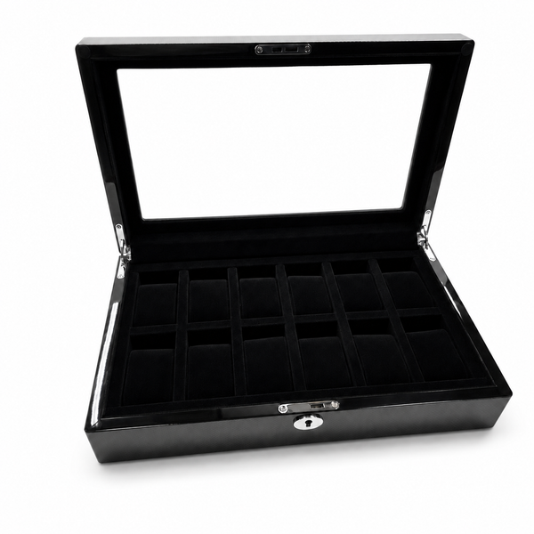 12 Slot Watch Box Carbon Fiber Display Case Paradise Pen Glass Top Storage Case